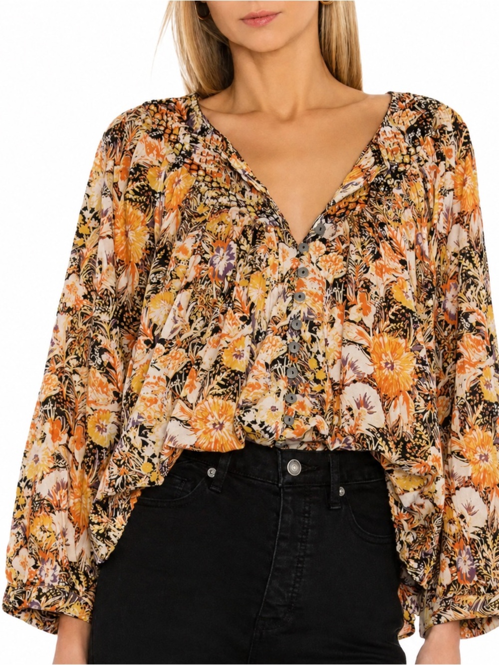 Free People We The Free Floral Boho Peasant Blouse Top Large